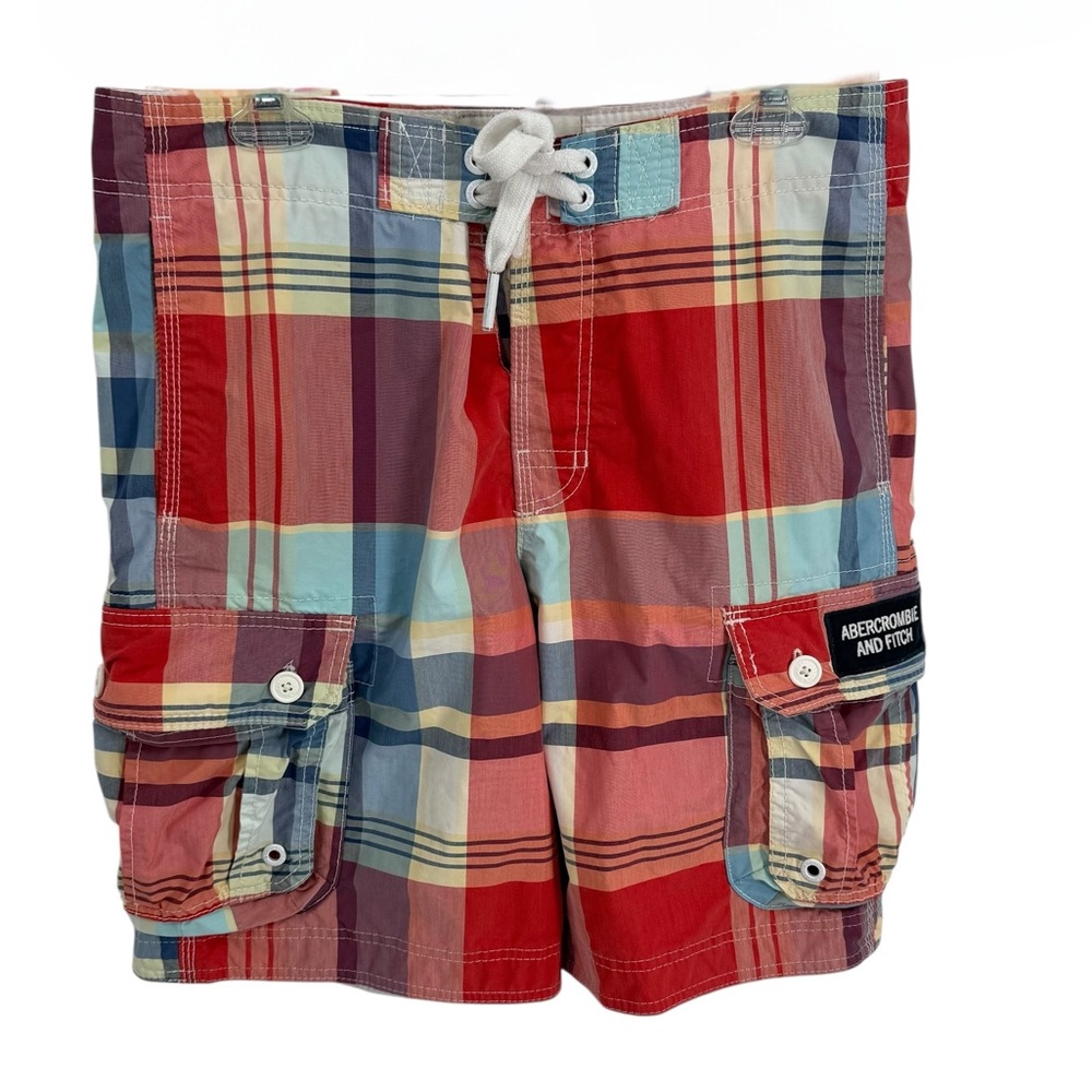Abercrombie & Fitch Shorts Mens Medium Plaid Long Board Swim Trunks Cargo Lined